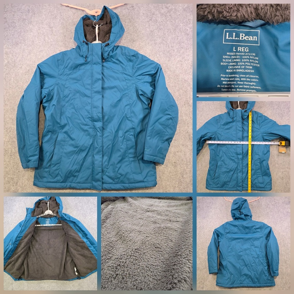 LL Bean Winter Warmer Jacket Womens Large Blue Fleece‎ Lined Hooded Parka Coat